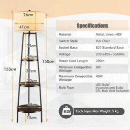 Modern Floor Lamp Corner Standing Lamp Tall Bookshelf Light W/ 3-Tier Shelves - thumbnail 2