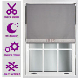 Dark Grey Blackout Roller Blind With Silver Diamante & Grey Bow Free Cut Down Service By Furnished - (W)120Cm X (L)210Cm