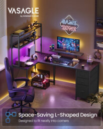 Vasagle L-Shaped Computer Desk With Led Lights, Power Outlets And 3 Drawers, Corner Gaming Desk, 160 X 100 X 150 Cm, Black - thumbnail 2