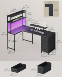 Vasagle L-Shaped Computer Desk With Led Lights, Power Outlets And 3 Drawers, Corner Gaming Desk, 160 X 100 X 150 Cm, Black - thumbnail 5