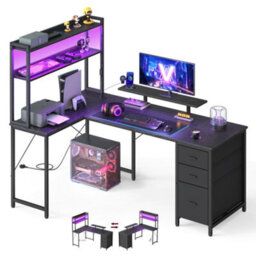 Vasagle L-Shaped Computer Desk With Led Lights, Power Outlets And 3 Drawers, Corner Gaming Desk, 160 X 100 X 150 Cm, Black - thumbnail 1