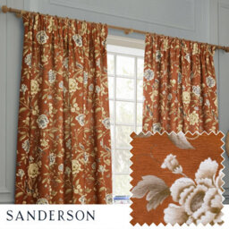 Sanderson Porcelain Garden Printed Chenille Room Darkening Pencil Pleat Curtain Pair Rust (W)117Cm X (D)183Cm