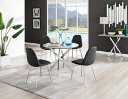 Furniturebox Uk Novara Grey Concrete Effect Round Dining Table & 4 Black Corona Silver Chairs - thumbnail 1