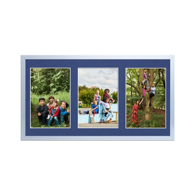 AK Frames 40X20Cm Silver Sleek Multi Photo Frame With Blue Mount - Holds 3 Apertures (3X) 6X4 Photos - image 1