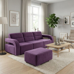 Upholstered Living Room Sofa Bed With Ottoman Foam Filling Wavy Springs Plastic Legs Wooden Frame Purple