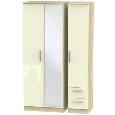 Trent Tall Triple Mirror Side Drawer Wardrobe In Cream & Bardolino Oak (Ready Assembled)