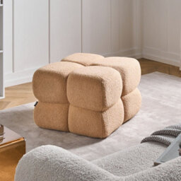 Wyld and Coco Beige Bouclé Square Pouffe 60 X 60 Cm - Upholstered Footstool For Modern Home Decor - thumbnail 2