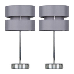 Valuelights Pair Of - Silver Chrome Bedside Table Lamps With Grey Shade - Complete With 4W Led Candle Bulbs 3000K Warm White
