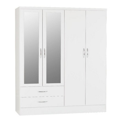 Seconique Nevada 4 Door 2 Drawer Mirrored Wardrobe In White Gloss Finish - image 1