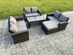 Fimous 7 Seater Rattan Wicker Garden Furniture Patio Conservatory Sofa Set With Coffee Table Double Seater Sofa Big Footstool - thumbnail 2