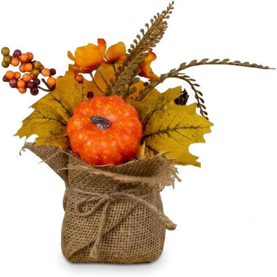 Artificial Autumn Arrangement With Pumpkin, Cones, Leaves. Foliage, Berries - image 1