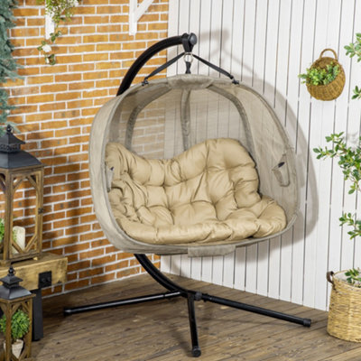 Outsunny Double Hanging Egg Chair 2 Seaters Swing Hammock W/ Cushion, Brown - image 1