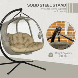 Outsunny Double Hanging Egg Chair 2 Seaters Swing Hammock W/ Cushion, Brown - thumbnail 7