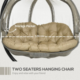 Outsunny Double Hanging Egg Chair 2 Seaters Swing Hammock W/ Cushion, Brown - thumbnail 8