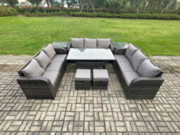 Fimous Patio Rattan Garden Furniture Set With Oblong Dining Table 2 Small Footstools 2 Side Table Outdoor Lounge Sofa Set - thumbnail 1