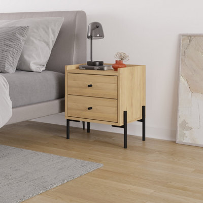 Decortie Modern Malta Nightstand Oak W/ 2 Drawers Storage Cabinet Organiser Side Bedside Table Metal Legs 48.6(W)Cm Bedroom, Home - image 1