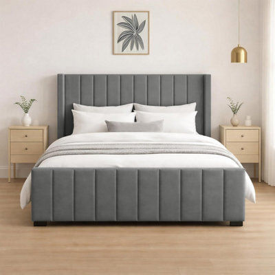 Naples Upholstered Grey Vertical Line King Size Bed Frame, Modern Luxury Floor-Standing Headboard & Footboard - image 1