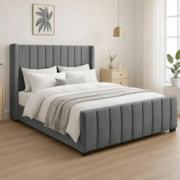 Naples Upholstered Grey Vertical Line King Size Bed Frame, Modern Luxury Floor-Standing Headboard & Footboard - thumbnail 2