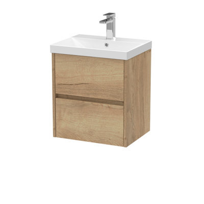 Nuie Havana Wall Hung 2 Drawer Vanity Basin Unit & Thin-Edge Ceramic Basin, Modern Sink Vanity Unit In Autumn Oak With White - image 1