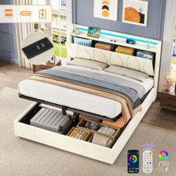 Abrihome Upholstered Double Bed With Led Headboard (Usb/type-C Charging), Hydraulic Lift Bed Frame With Concealed Storage, Beige - thumbnail 7