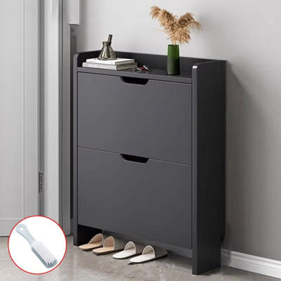 Modern Black Wooden Shoe Cabinet With 2 Tilt-Out Drawers - Slim & Space-Saving Storage Organiser - image 1