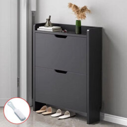 Modern Black Wooden Shoe Cabinet With 2 Tilt-Out Drawers - Slim & Space-Saving Storage Organiser - thumbnail 1