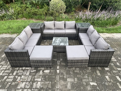 Fimous Outdoor Rattan Garden Furniture Set Patio Lounge Sofa Set With 2 Side Tables Square Coffee Table 2 Big Footstool - image 1