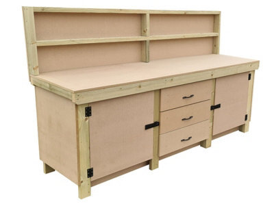 Arbor Garden Solutions Wooden Work Bench With Drawers And Double Lockable Cupboard (V.8) (H-90Cm, D-70Cm, L-210Cm) With Back Panel - image 1