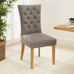 The Furniture Market Chester Grey Fabric Button Back Dining Chair Quilted Back Natural Oak Hardwood Legs Padded Seat Minor Assembly Required