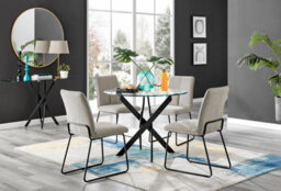 Furniturebox Novara Clear Tempered Glass 100Cm Round Dining Table With Black Starburst Legs & 4 Taupe Halle Soft Fabric Chairs