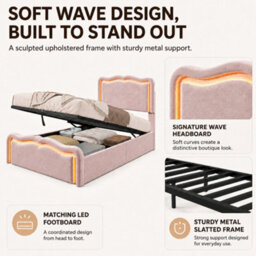 Modernluxe 3Ft Single Bed, Ottoman Bed, 90X190Cm, With Led Lights, Wave Headboard & Metal Slatted Base, Pink, Velvet - thumbnail 7