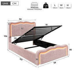 Modernluxe 3Ft Single Bed, Ottoman Bed, 90X190Cm, With Led Lights, Wave Headboard & Metal Slatted Base, Pink, Velvet - thumbnail 4