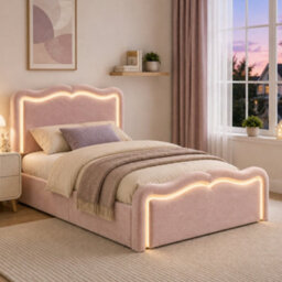 Modernluxe 3Ft Single Bed, Ottoman Bed, 90X190Cm, With Led Lights, Wave Headboard & Metal Slatted Base, Pink, Velvet - thumbnail 3