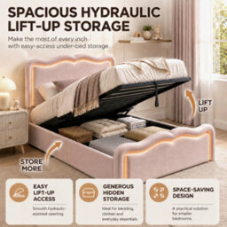 Modernluxe 3Ft Single Bed, Ottoman Bed, 90X190Cm, With Led Lights, Wave Headboard & Metal Slatted Base, Pink, Velvet - thumbnail 6