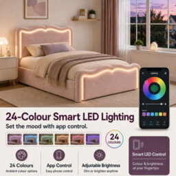 Modernluxe 3Ft Single Bed, Ottoman Bed, 90X190Cm, With Led Lights, Wave Headboard & Metal Slatted Base, Pink, Velvet - thumbnail 5