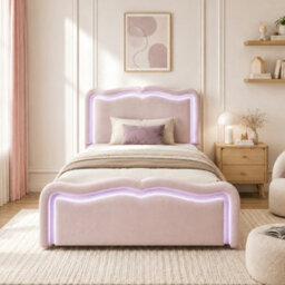 Modernluxe 3Ft Single Bed, Ottoman Bed, 90X190Cm, With Led Lights, Wave Headboard & Metal Slatted Base, Pink, Velvet - thumbnail 2