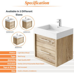 Plum&clay Walter Light Bare Wood Wall Hung Bathroom Vanity Unit With Polymarble Resin Basin (W)600mm - thumbnail 6