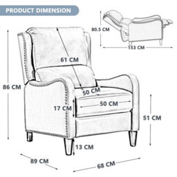 Recliner Upholstered Armchair Pu Leather Padded Comfy Sofa Lounge Chair, Push Back Recliner With Rivet Decoration - Black - thumbnail 9