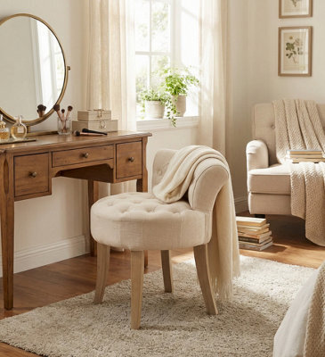 Aspect Furniture Maddie Dressing Table Stool With Back, White Washed Wood, Beige Cushion by B&Q | uFurnish.com Aspect Furniture Maddie Dressing Table Stool With Back, White Washed Wood, Beige Cushion by B&Q | uFurnish.com
