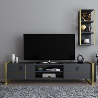 Decorotika Mila Tv Stand With Wall Shelf For Tvs Up To 73 Inches Anthracite Gold - image 1