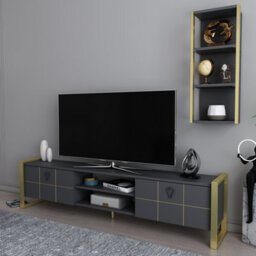 Decorotika Mila Tv Stand With Wall Shelf For Tvs Up To 73 Inches Anthracite Gold - thumbnail 3