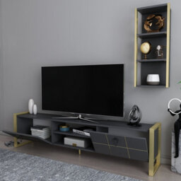 Decorotika Mila Tv Stand With Wall Shelf For Tvs Up To 73 Inches Anthracite Gold - thumbnail 5