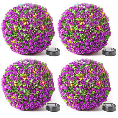 Taylor & Brown 4 Pack 28Cm Solar Powered Led Rose Topiary Ball, Artificial Hanging Ornament With 20 Lights, Garden Decor (Purple) - image 1