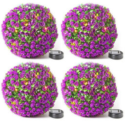 Taylor & Brown 4 Pack 28Cm Solar Powered Led Rose Topiary Ball, Artificial Hanging Ornament With 20 Lights, Garden Decor (Purple)