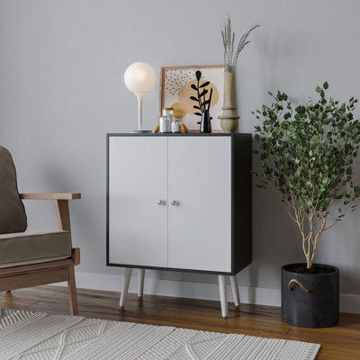 Urbn-Living Urbnliving 60Cm Height 2 Tier Black Wooden Bookcase With White Door Scandinavian Style White Legs Bedroom Shelf - image 1