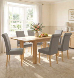 Hallowood Furniture Newquay Oak Flip Top Extending Table With 6 Upholstered Roll Top Dining Chairs In Grey Fabric - thumbnail 1