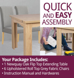 Hallowood Furniture Newquay Oak Flip Top Extending Table With 6 Upholstered Roll Top Dining Chairs In Grey Fabric - thumbnail 7