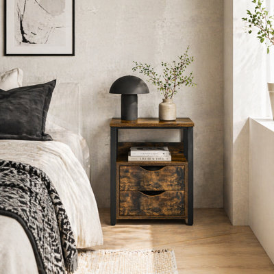 Wyld Haus Liri Hael Small Rustic Brown Bedside Table With 2 Drawers And Open Shelf - image 1