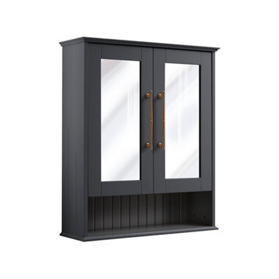 Homestylestore 650 X 750mm Black Grey Wall Mounted Mirrored Door Bathroom Cabinet And Brushed Copper T Bar Handles - image 1