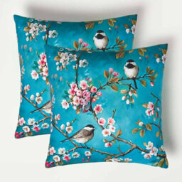 Homescapes Luxury Outdoor Cushions 2 Set, Waterproof Filled Cushion, Soft-Touch, Blue Floral Birds, For Garden, Indoors, 45X45 Cm - thumbnail 1